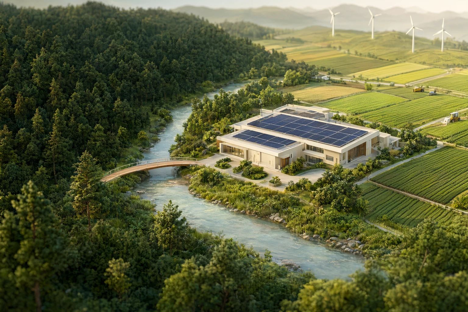 Concept illustration of a landscape with renewable energy and an industrial building